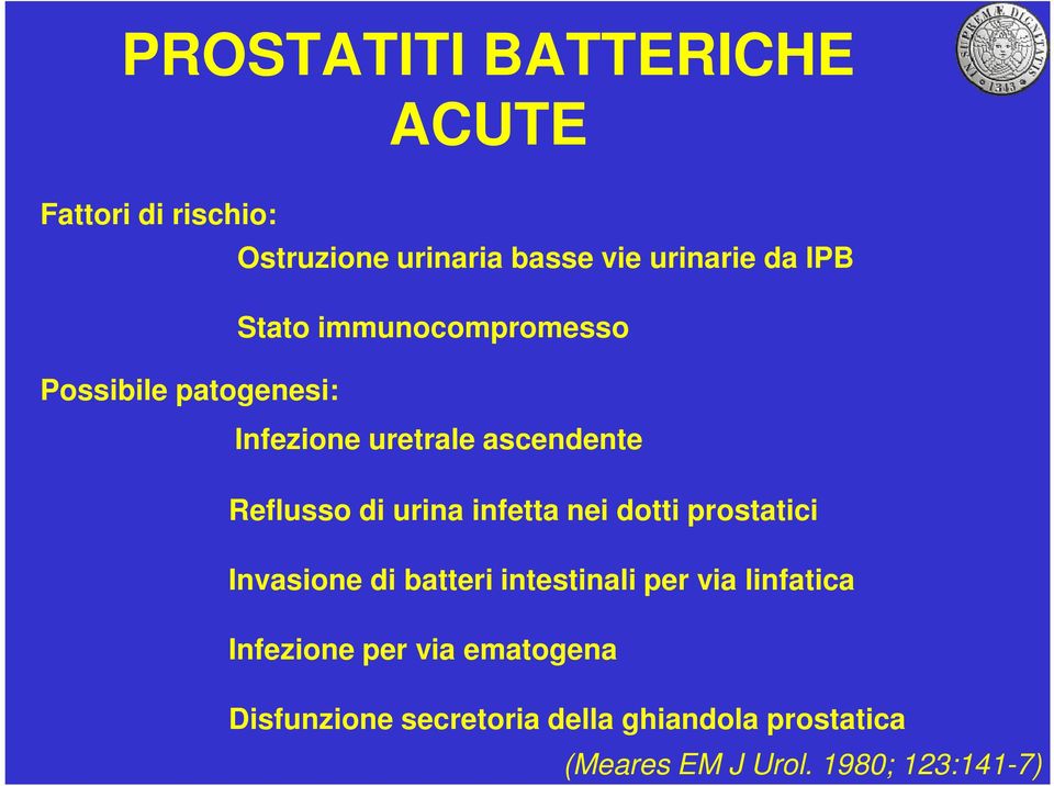 infetta nei dotti prostatici Invasione di batteri intestinali per via linfatica Infezione per