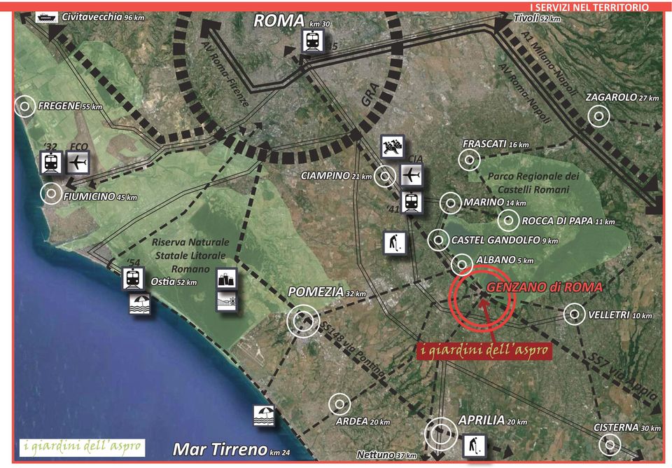 km 54 Riserva Naturale Statale Litorale Romano Ostia 52 km POMEZIA 32 km CASTEL GANDOLFO 9 km ALBANO 5 km GENZANO di ROMA VELLETRI 10 km