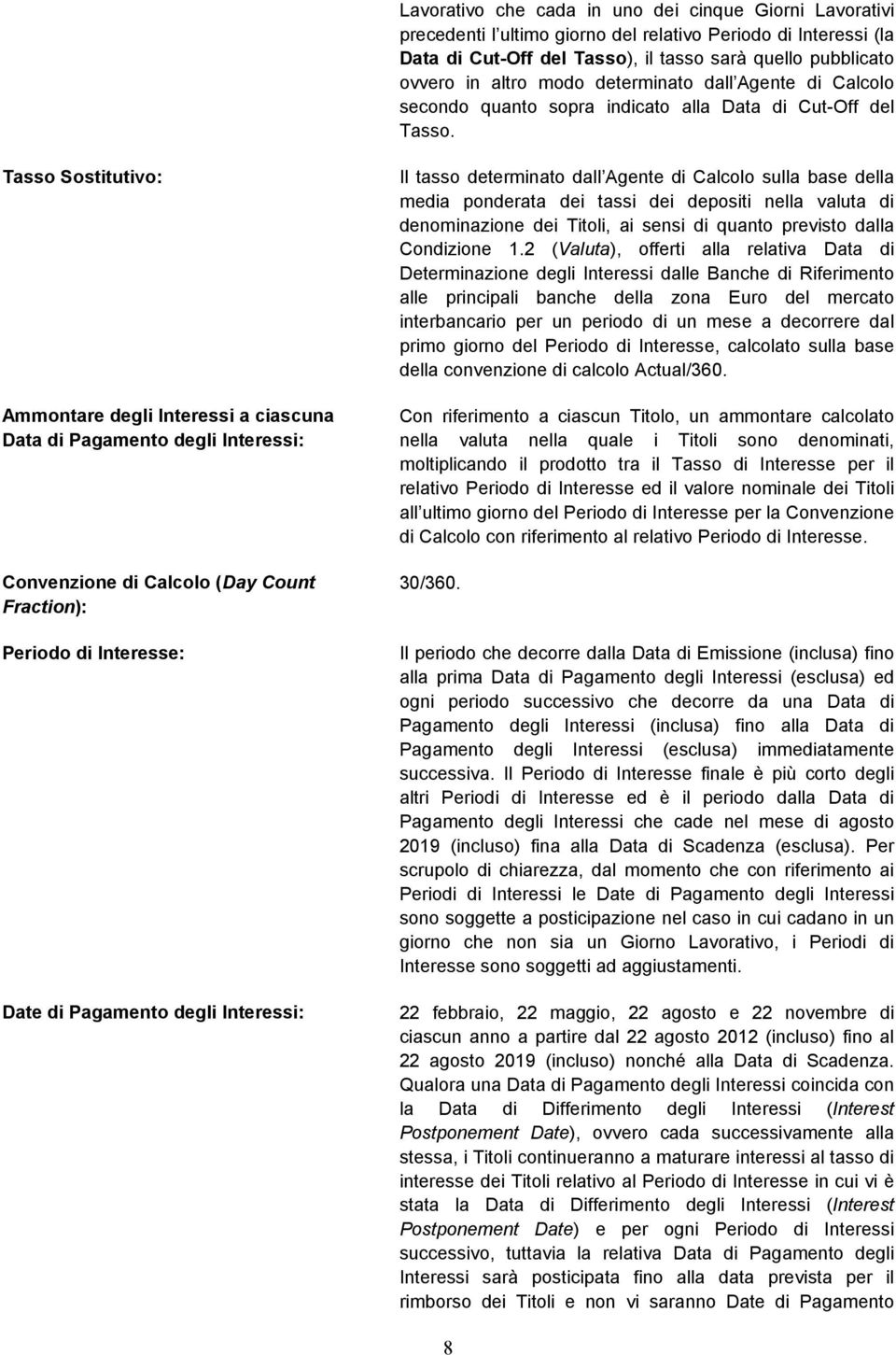 Tasso Sostitutivo: Ammontare degli Interessi a ciascuna Data di Pagamento degli Interessi: Convenzione di Calcolo (Day Count Fraction): Periodo di Interesse: Date di Pagamento degli Interessi: Il