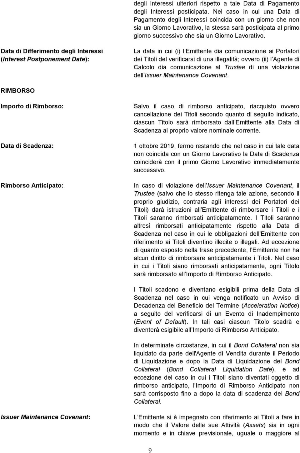 Data di Differimento degli Interessi (Interest Postponement Date): La data in cui (i) l Emittente dia comunicazione ai Portatori dei Titoli del verificarsi di una illegalità; ovvero (ii) l Agente di