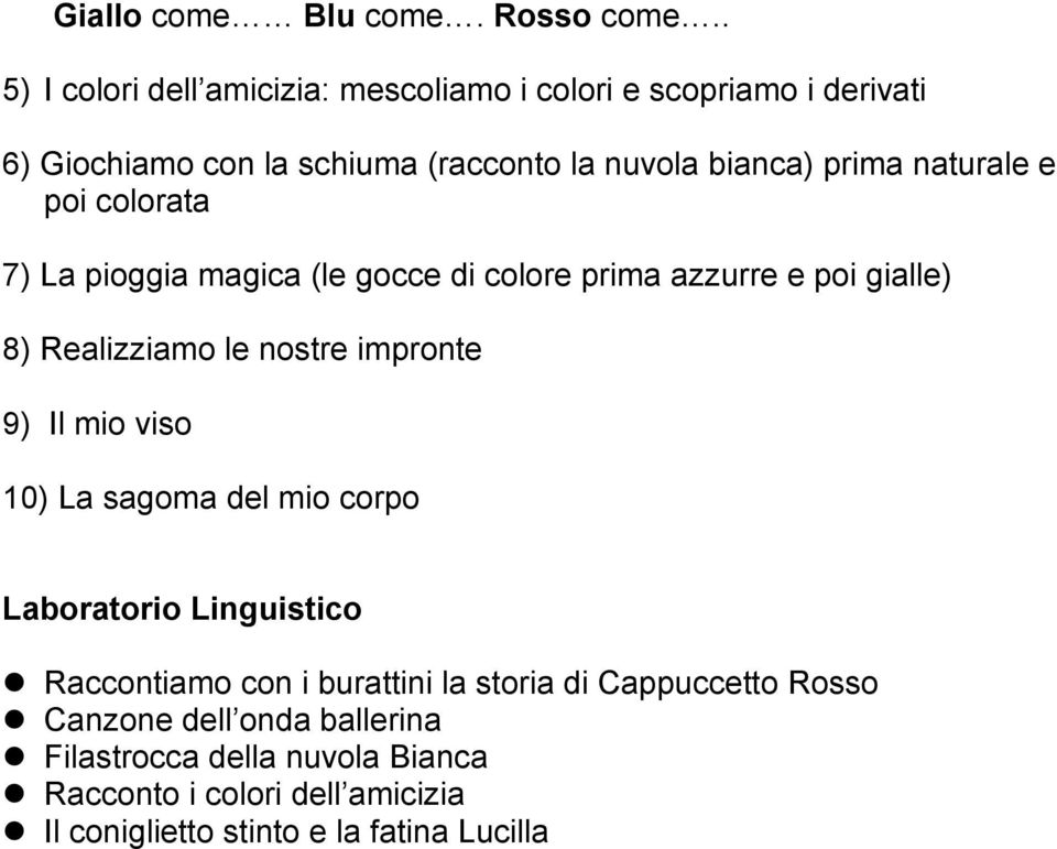 naturale e poi colorata 7) La pioggia magica (le gocce di colore prima azzurre e poi gialle) 8) Realizziamo le nostre impronte 9) Il mio