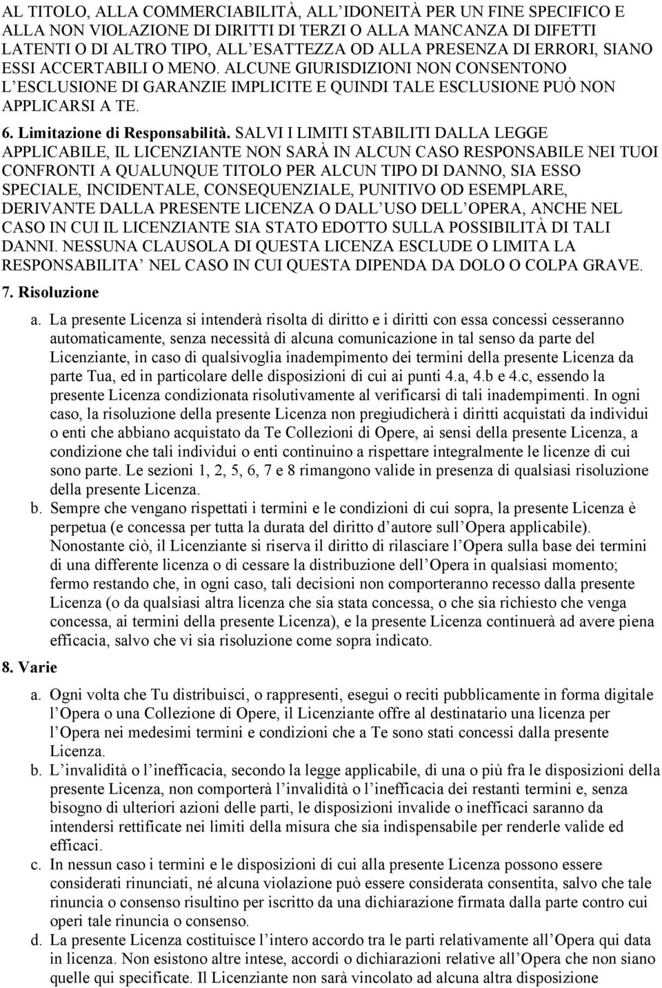 SALVI I LIMITI STABILITI DALLA LEGGE APPLICABILE, IL LICENZIANTE NON SARÀ IN ALCUN CASO RESPONSABILE NEI TUOI CONFRONTI A QUALUNQUE TITOLO PER ALCUN TIPO DI DANNO, SIA ESSO SPECIALE, INCIDENTALE,