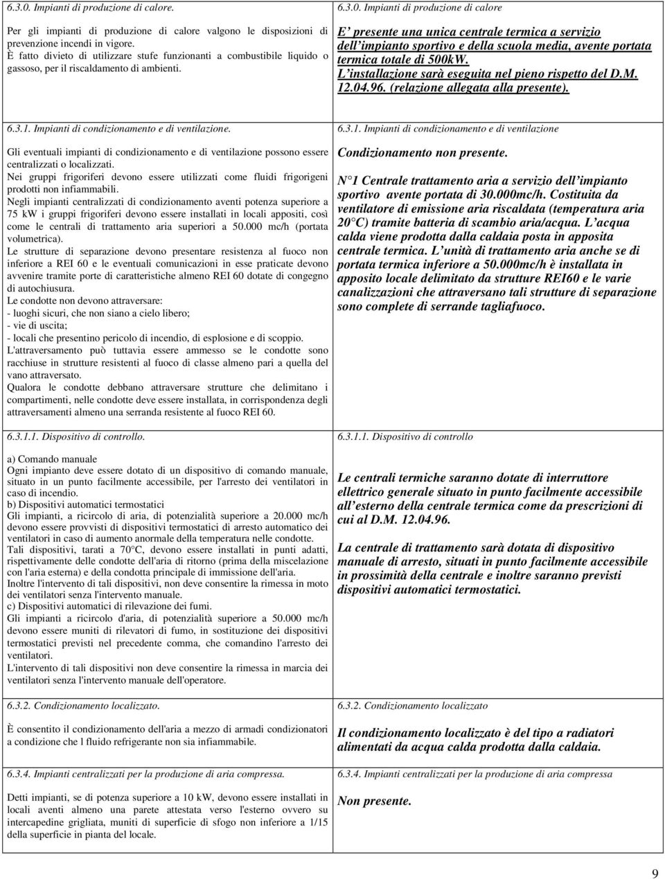 E presente una unica centrale termica a servizio dell impianto sportivo e della scuola media, avente portata termica totale di 500kW. L installazione sarà eseguita nel pieno rispetto del D.M. 12.04.