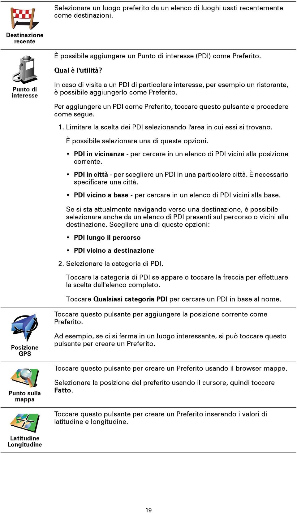 Per aggiungere un PDI come Preferito, toccare questo pulsante e procedere come segue. 1. Limitare la scelta dei PDI selezionando l'area in cui essi si trovano.