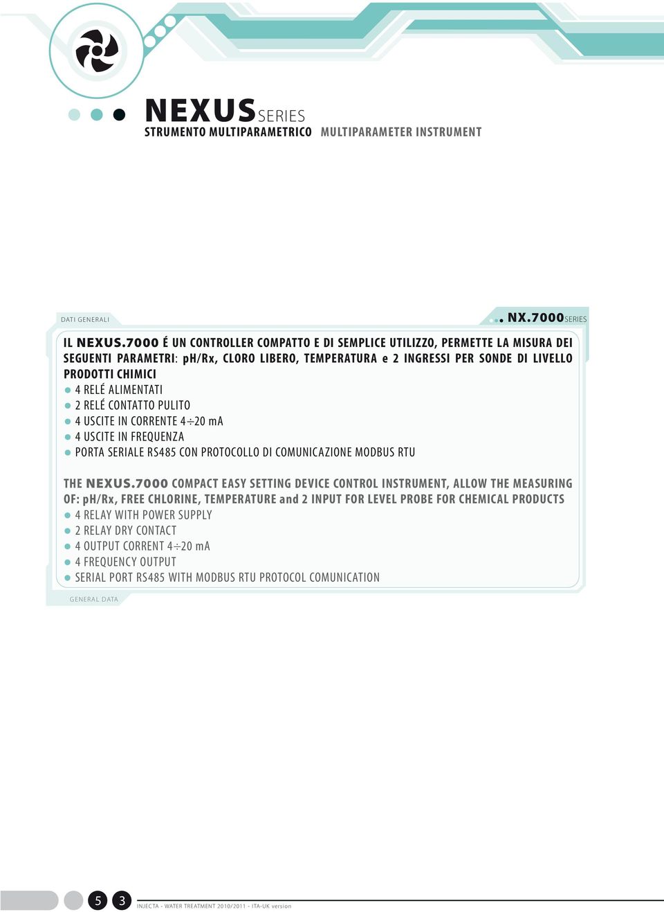 ALIMENTATI 2 RELÉ CONTATTO PULITO 4 USCITE IN CORRENTE 4 20 ma 4 USCITE IN FREQUENZA PORTA SERIALE RS485 CON PROTOCOLLO DI COMUNICAZIONE MODBUS RTU THE NEXUS.