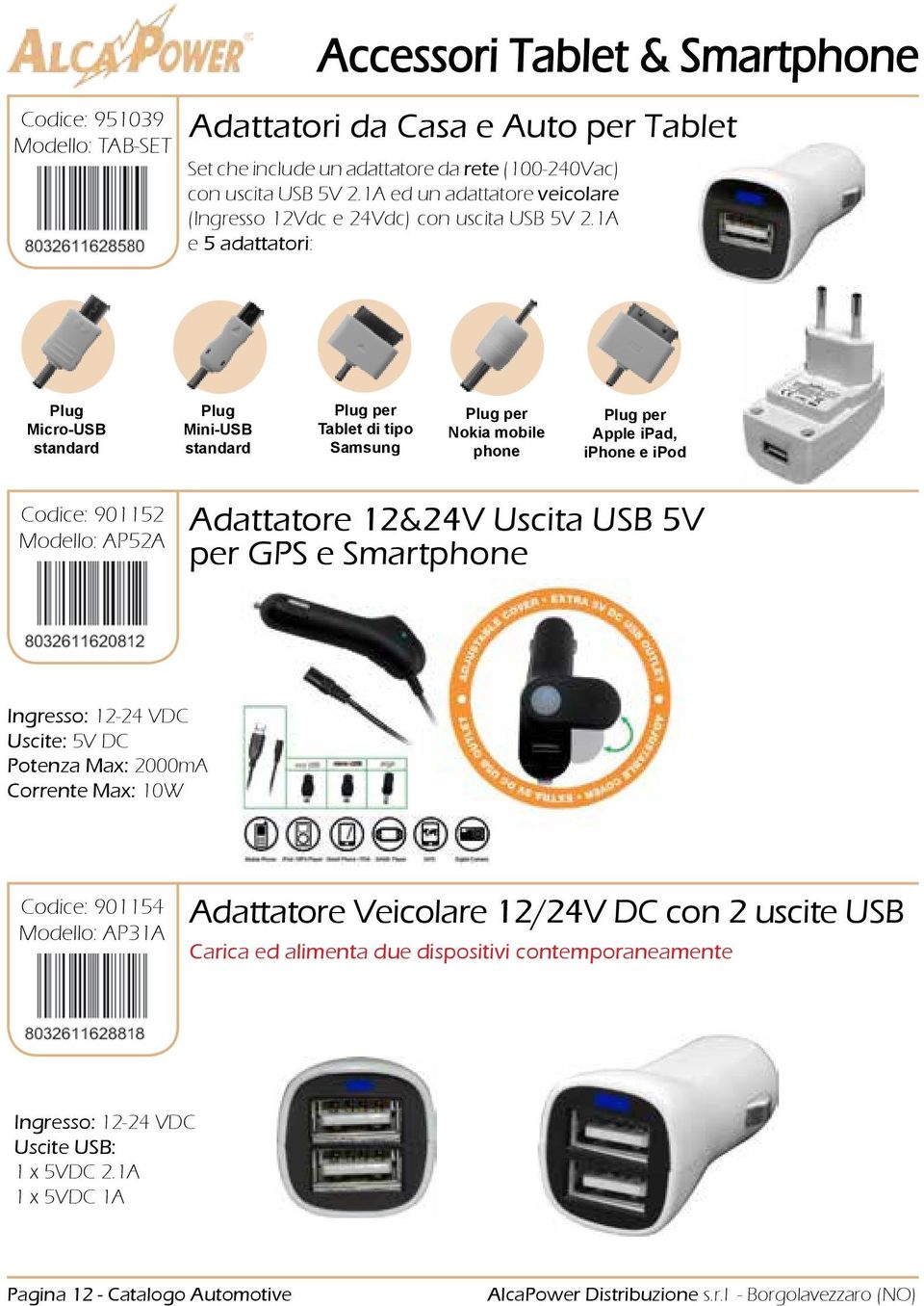 1A e 5 adattatori: Plug Micro-USB standard Plug Mini-USB standard Plug per Tablet di tipo Samsung Plug per Nokia mobile phone Plug per Apple ipad, iphone e ipod Codice: 901152 AP52A