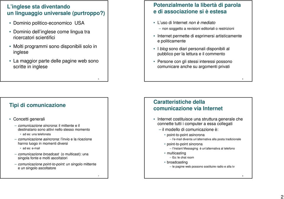 inglese Potenzialmente la libertà di parola e di associazione si è estesa L uso di Internet non è mediato non soggetto a revisioni editoriali o restrizioni Internet permette di esprimersi