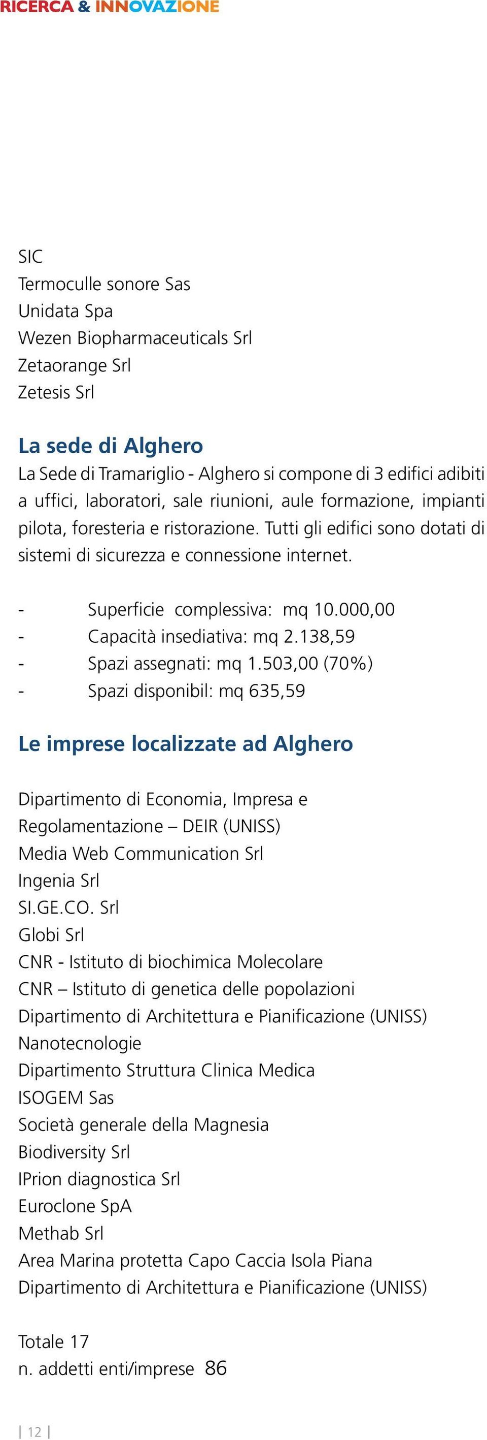 - Superficie complessiva: mq 10.000,00 - Capacità insediativa: mq 2.138,59 - Spazi assegnati: mq 1.