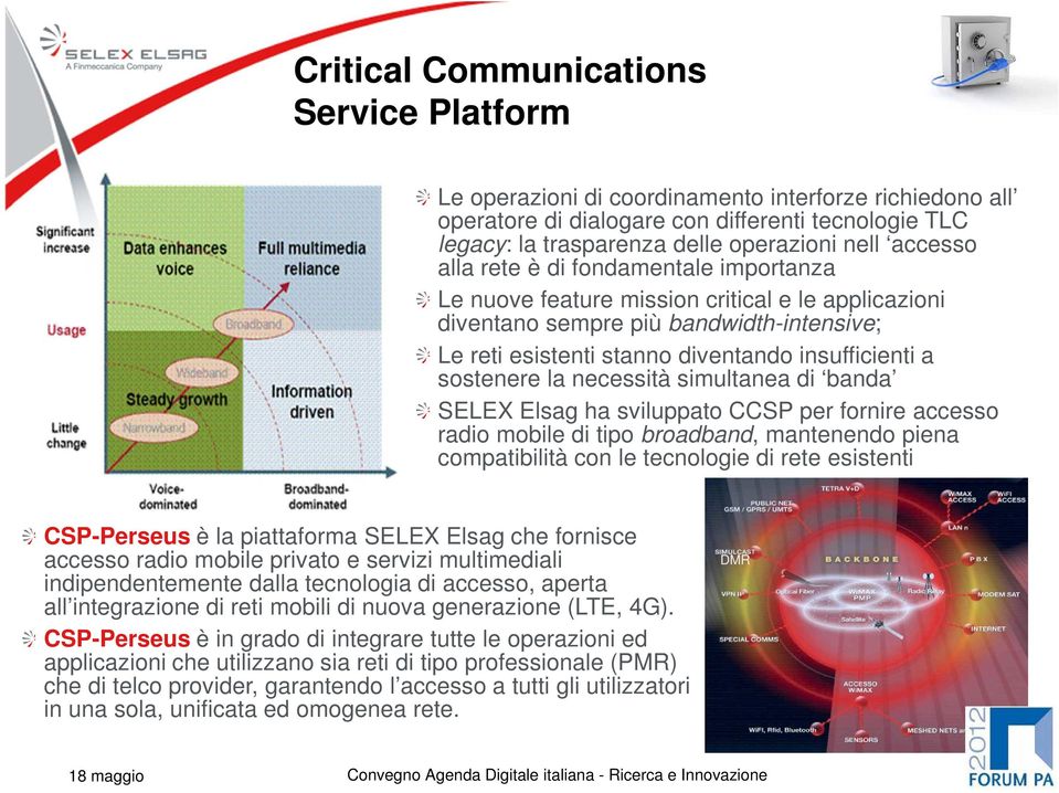 sostenere la necessità simultanea di banda SELEX Elsag ha sviluppato CCSP per fornire accesso radio mobile di tipo broadband, mantenendo piena compatibilità con le tecnologie di rete esistenti