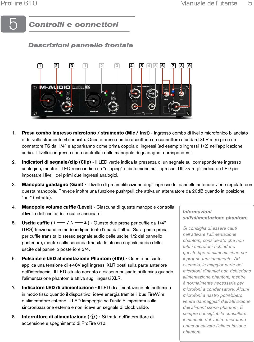 Queste prese combo accettano un connettore standard XLR a tre pin o un connettore TS da 1/4 e appariranno come prima coppia di ingressi (ad esempio ingressi 1/2) nell applicazione audio.