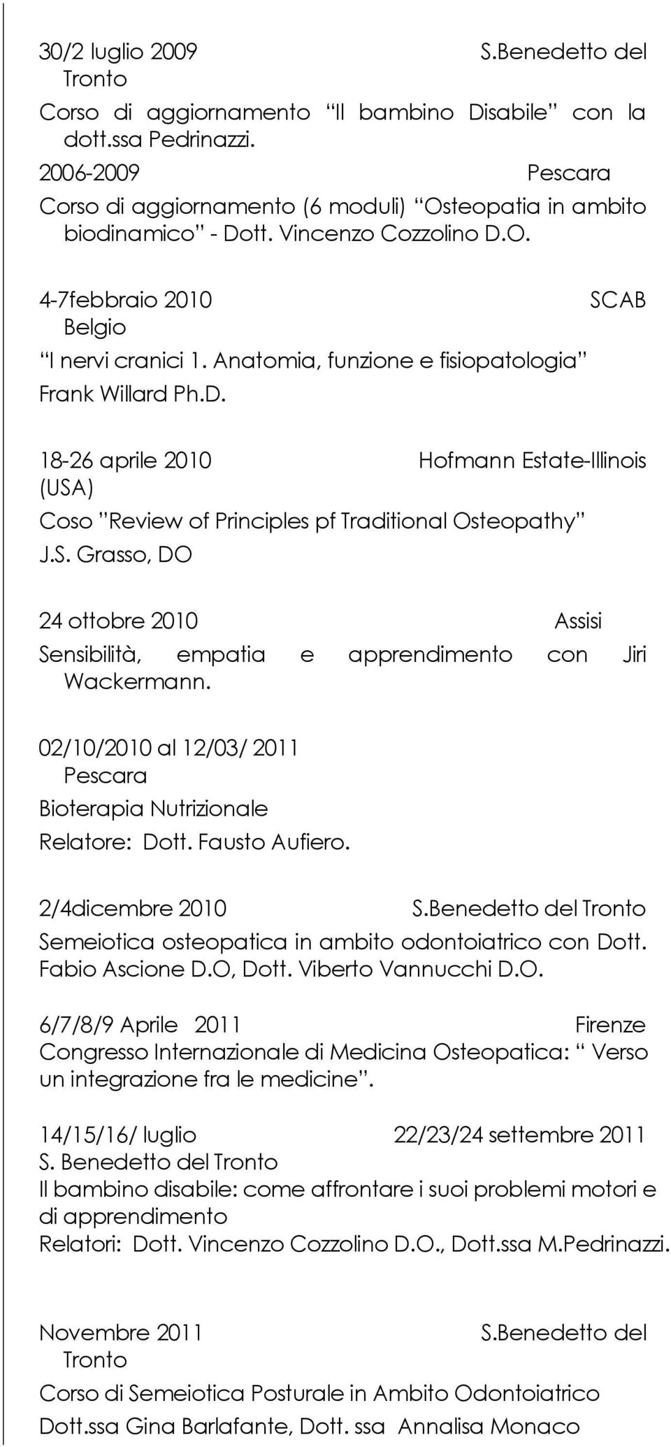 S. Grasso, DO 24 ottobre 2010 Assisi Sensibilità, empatia e apprendimento con Jiri Wackermann. 02/10/2010 al 12/03/ 2011 Bioterapia Nutrizionale Relatore: Dott. Fausto Aufiero. 2/4dicembre 2010 S.