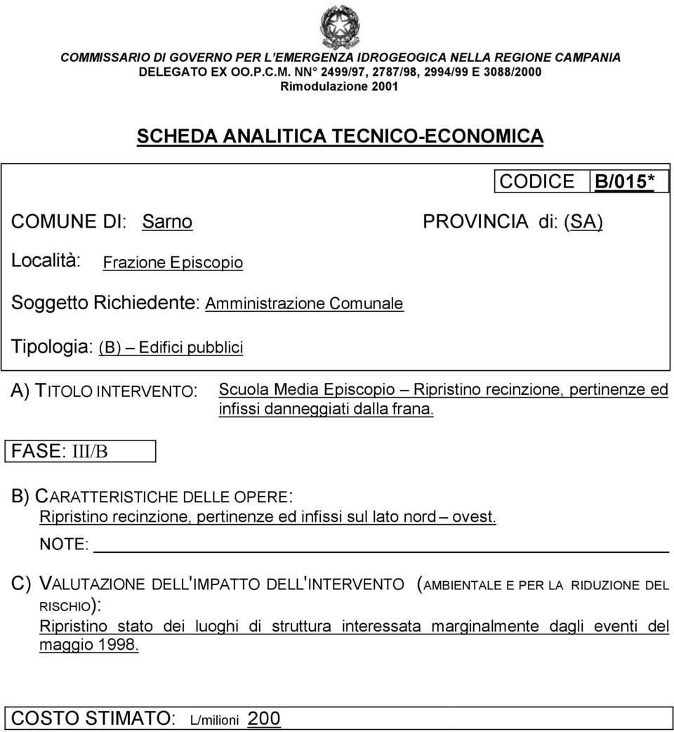 danneggiati dalla frana. FASE: III/B Ripristino recinzione, pertinenze ed infissi sul lato nord ovest.