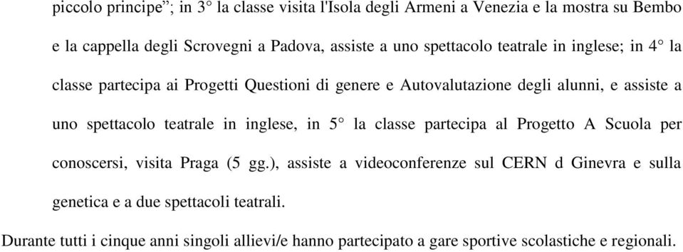 teatrale in inglese, in 5 la classe partecipa al Progetto A Scuola per conoscersi, visita Praga (5 gg.