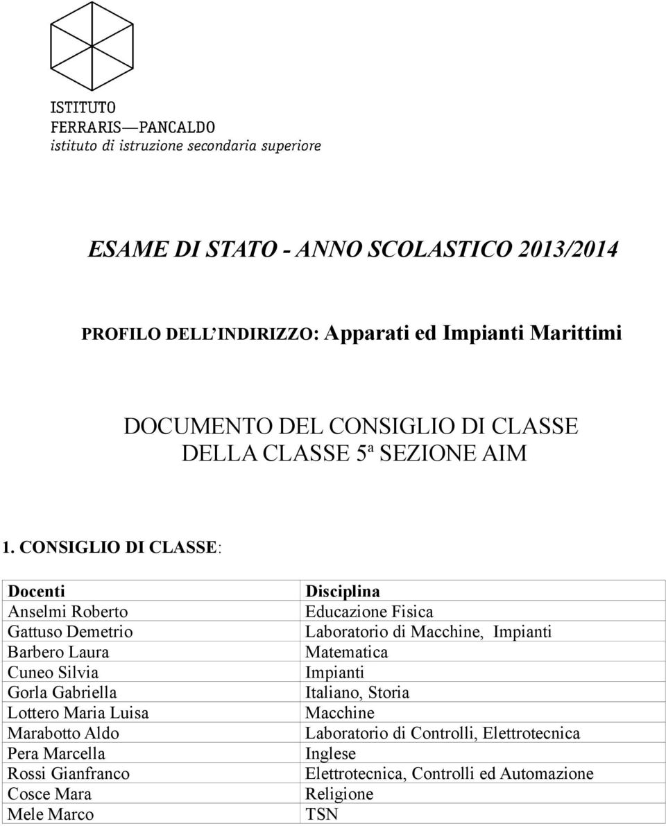 CONSIGLIO DI CLASSE: Docenti Anselmi Roberto Gattuso Demetrio Barbero Laura Cuneo Silvia Gorla Gabriella Lottero Maria Luisa Marabotto Aldo