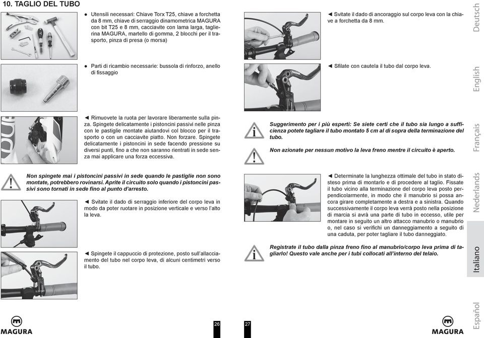 Spingete delicatamente i pistoncini passivi nelle pinza con le pastiglie montate aiutandovi col blocco per il trasporto o con un cacciavite piatto. Non forzare.