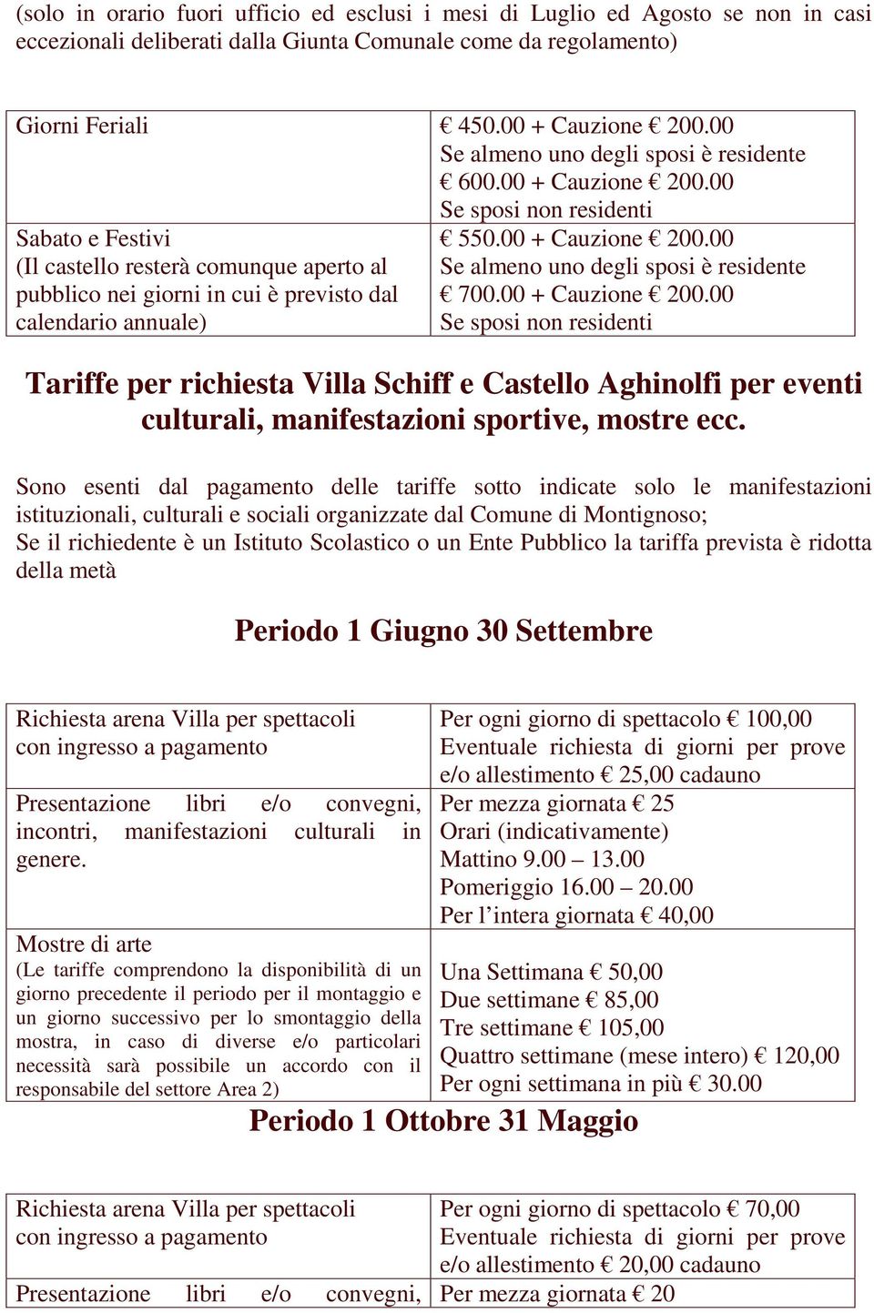 Sono esenti dal pagamento delle tariffe sotto indicate solo le manifestazioni istituzionali, culturali e sociali organizzate dal Comune di Montignoso; Se il richiedente è un Istituto Scolastico o un