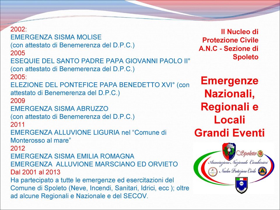 ALLUVIONE MARSCIANO ED ORVIETO Dal 2001 al 2013 Ha partecipato a tutte le emergenze ed esercitazioni del Comune di Spoleto (Neve, Incendi, Sanitari, Idrici, ecc ); oltre ad alcune Regionali