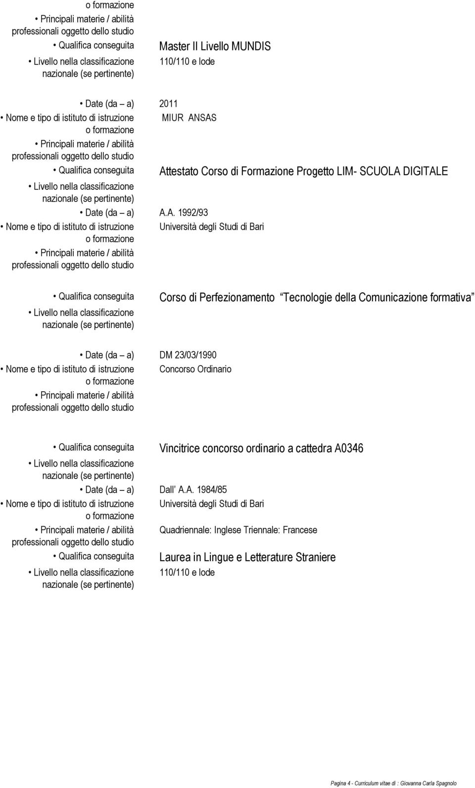 Nome e tipo di istituto di istruzione Concorso Ordinario Vincitrice concorso ordinario a cattedra A0