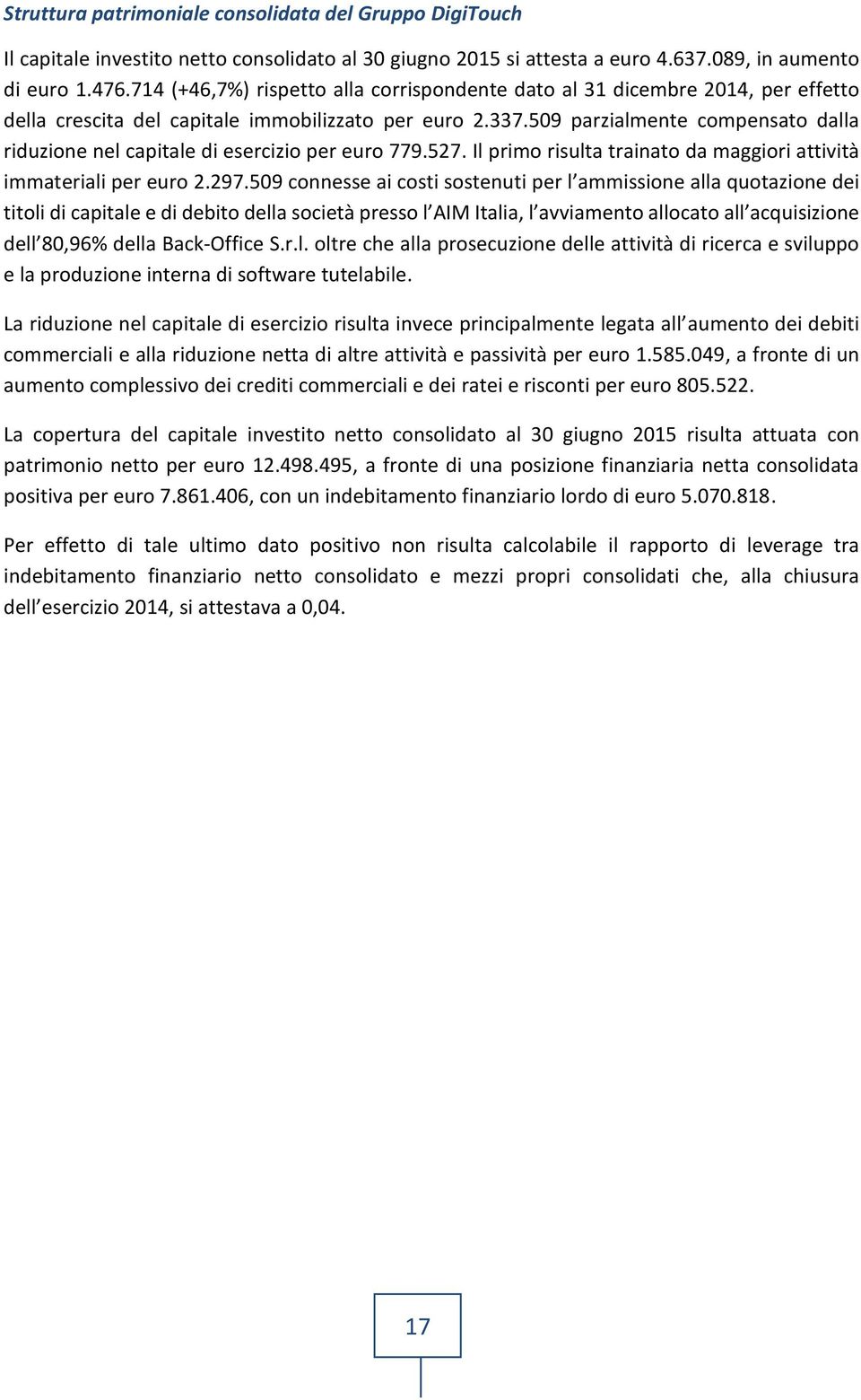 509 parzialmente compensato dalla riduzione nel capitale di esercizio per euro 779.527. Il primo risulta trainato da maggiori attività immateriali per euro 2.297.