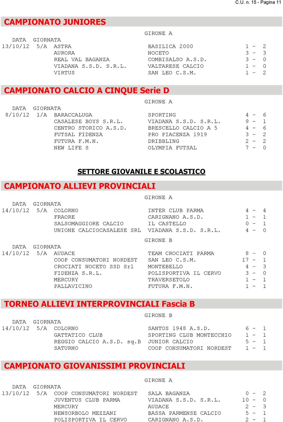 M.N. DRIBBLING 2-2 NEW LIFE S OLYMPIA FUTSAL 7-0 SETTORE GIOVANILE E SCOLASTICO CAMPIONATO ALLIEVI PROVINCIALI GIRONE A 14/10/12 5/A COLORNO INTER CLUB PARMA 4-4 FRAORE CARIGNANO A.S.D. 1-1 SALSOMAGGIORE CALCIO IL CASTELLO 0-1 UNIONE CALCIOCASALESE SRL VIADANA S.