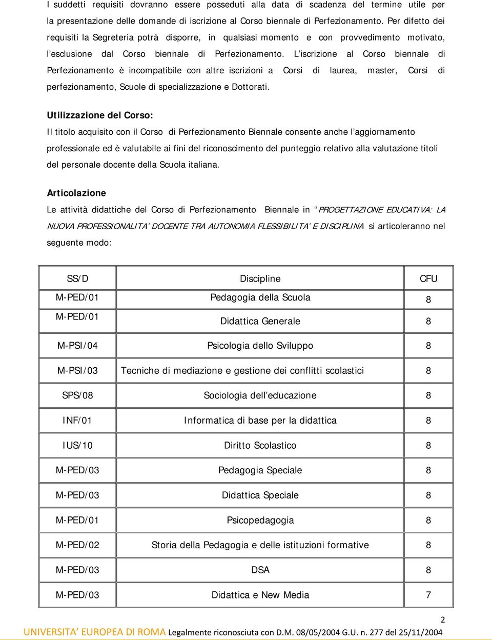 L iscrizione al Corso biennale di Perfezionamento è incompatibile con altre iscrizioni a Corsi di laurea, master, Corsi di perfezionamento, Scuole di specializzazione e Dottorati.