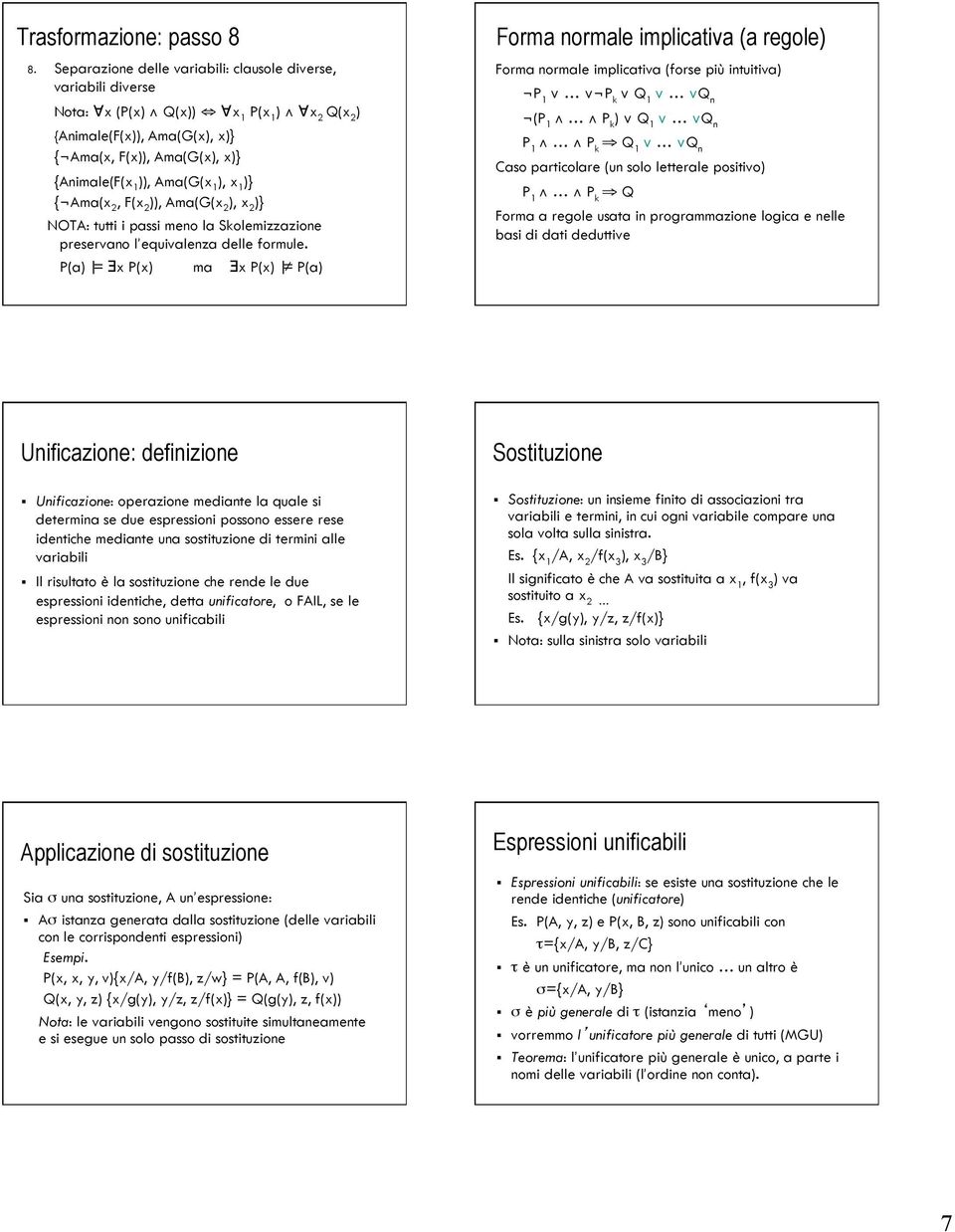 ), x 1 )} { Ama(x 2, F(x 2 )), Ama(G(x 2 ), x 2 )} NOTA: tutti i passi meno la Skolemizzazione preservano l equivalenza delle formule.