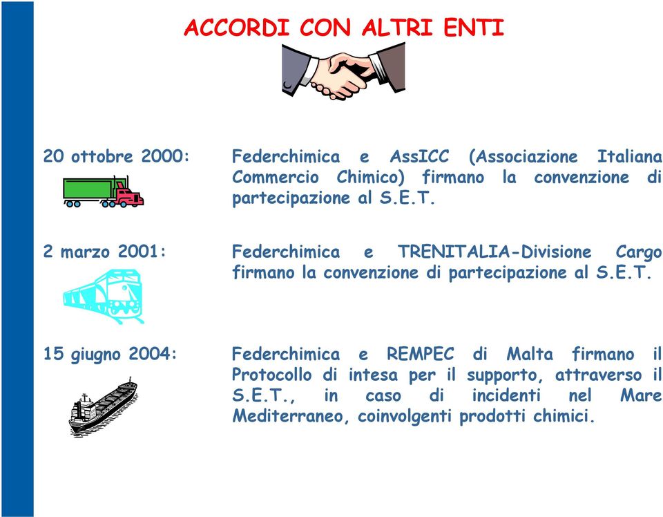 2 marzo 2001: Federchimica e TRENITALIA-Divisione Cargo firmano  15 giugno 2004: Federchimica e REMPEC di Malta