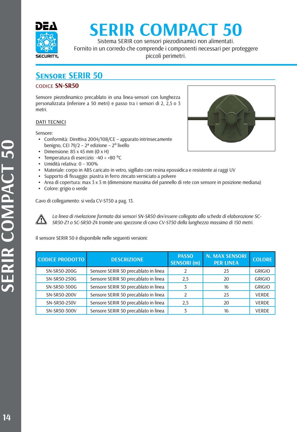 SERIR COMPACT 50 Sensore: Conformità: Direttiva 2004/108/CE apparato intrinsecamente benigno, CEI 79/2 2ª edizione 2 livello Dimensione: 85 x 45 mm (Ø x H) Temperatura di esercizio: -40 +80 C Umidità