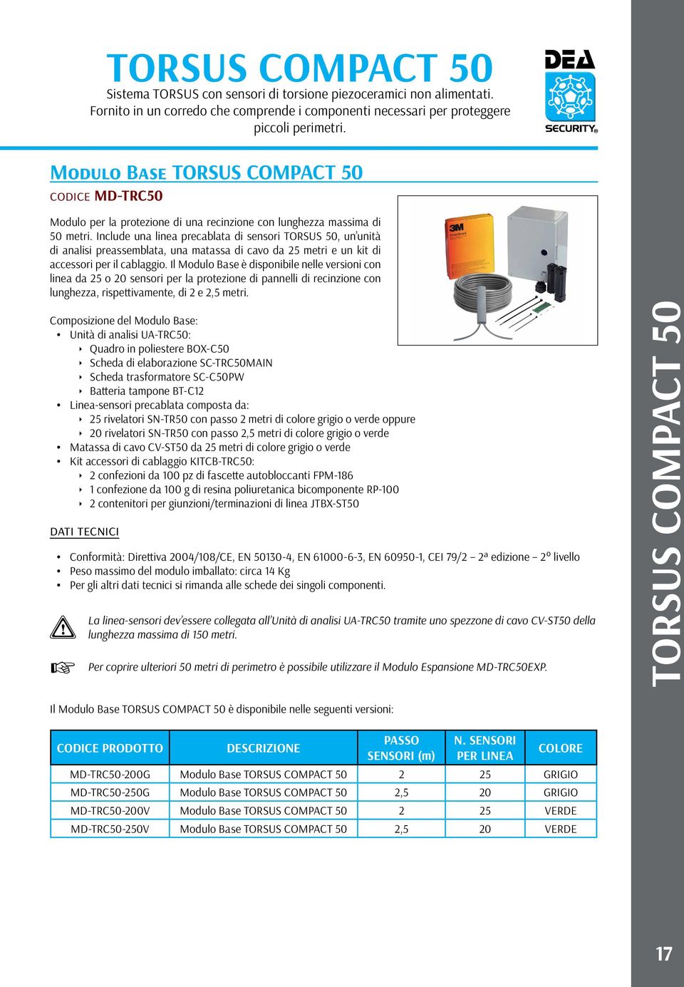 Include una linea precablata di sensori TORSUS 50, un unità di analisi preassemblata, una matassa di cavo da 25 metri e un kit di accessori per il cablaggio.