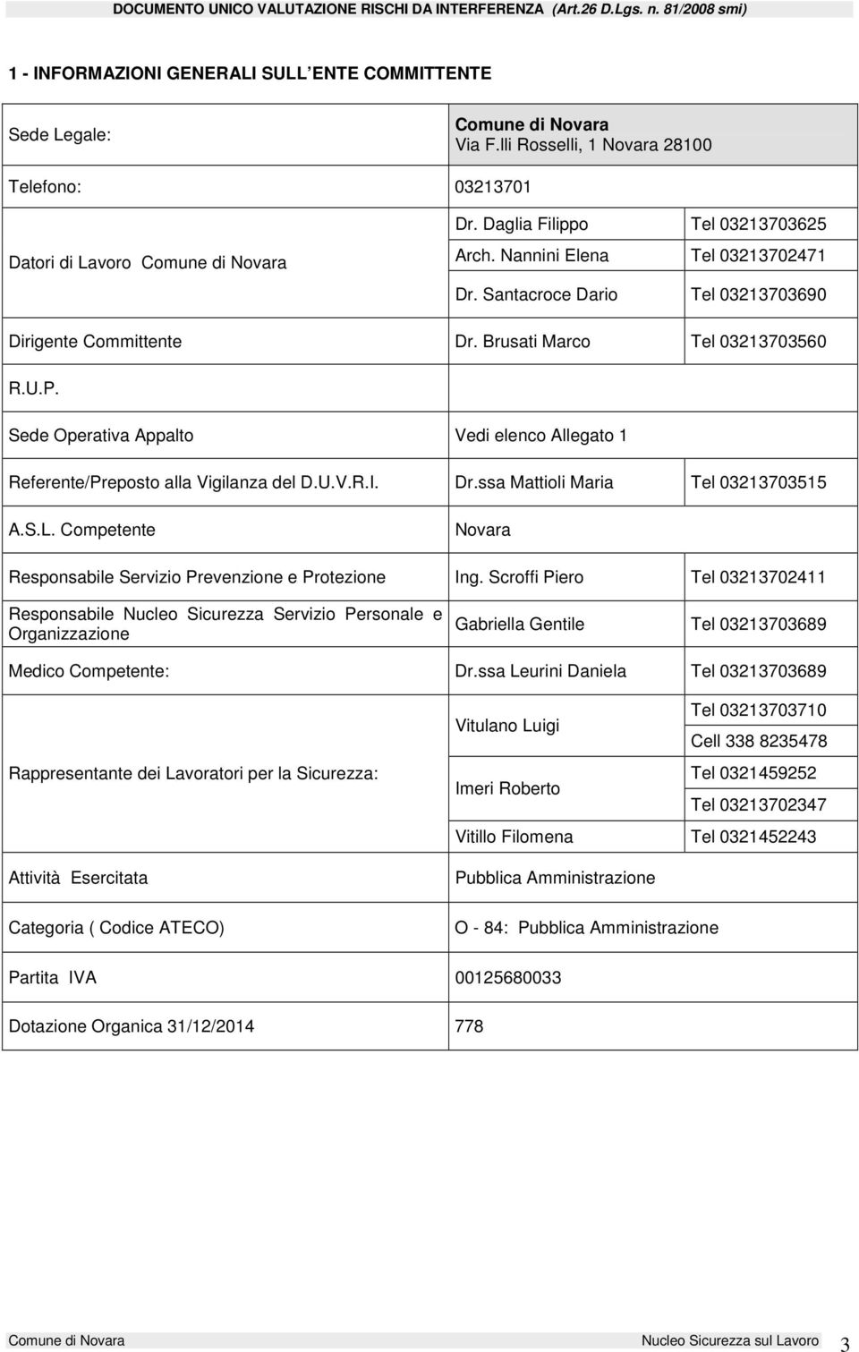 Sede Operativa Appalto Vedi elenco Allegato 1 Referente/Preposto alla Vigilanza del D.U.V.R.I. Dr.ssa Mattioli Maria Tel 03213703515 A.S.L.