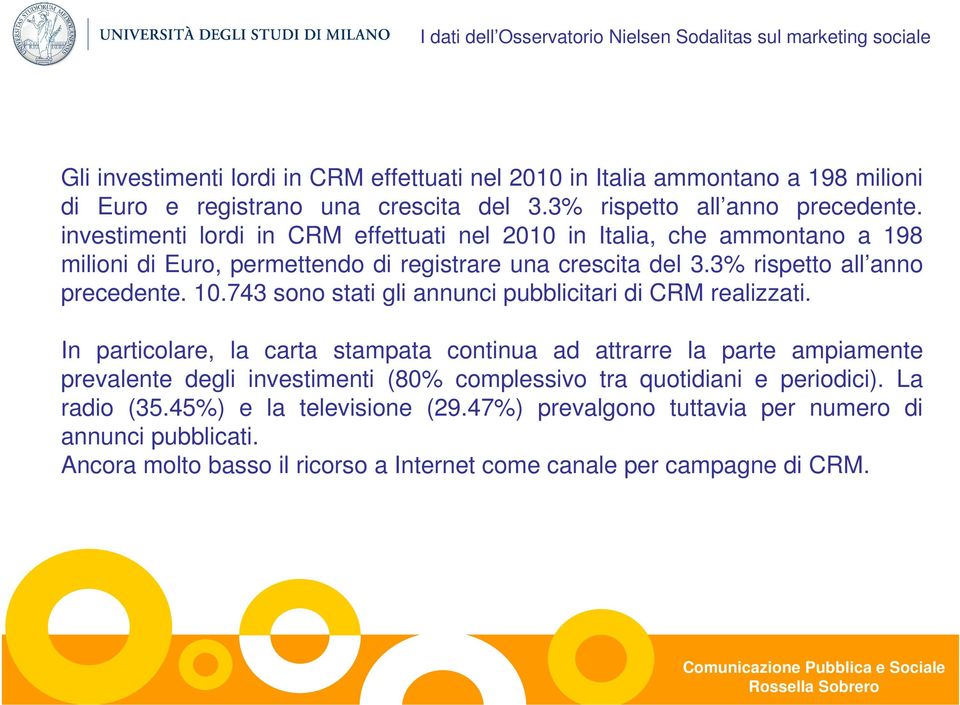 3% rispetto all anno precedente. 10.743 sono stati gli annunci pubblicitari di CRM realizzati.