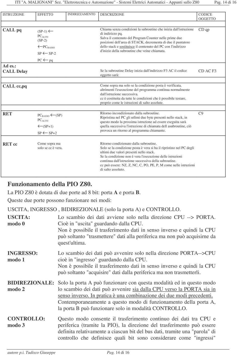 Salva il contenuto del Program Counter nelle prime due posizioni dell'area di STACK, decrementa di due il puntatore dello stack e sostituisce il contenuto del PC con l'indirizzo d'inizio della