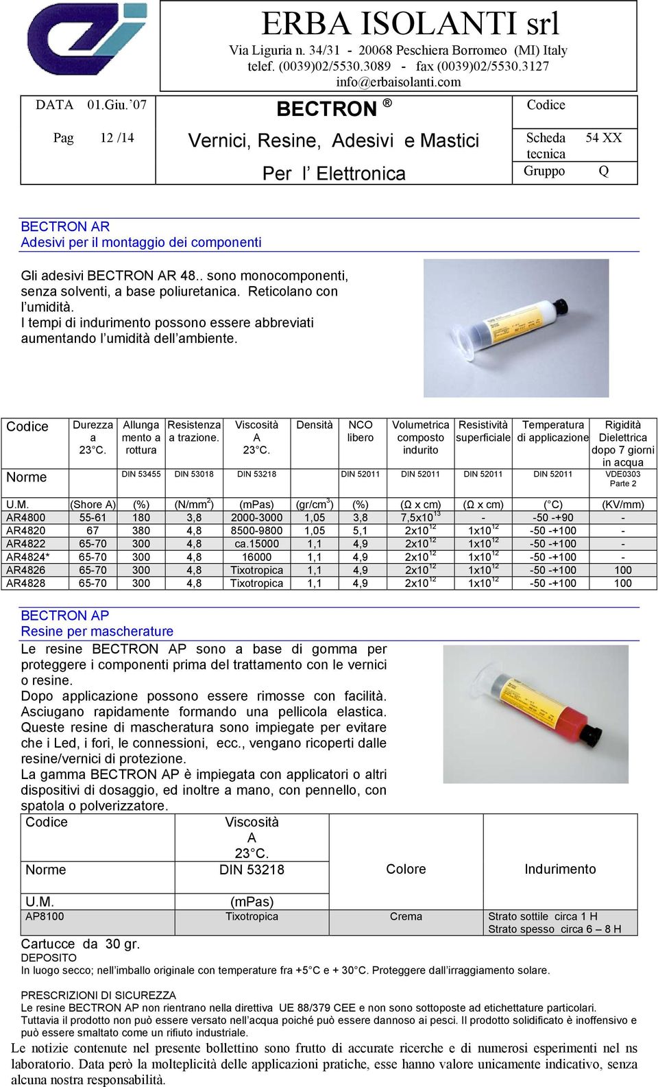 NCO libero Volumetrica composto indurito Resistività superficiale di applicazione Rigidità Dielettrica dopo 7 giorni in Norme DIN 53455 DIN 53018 DIN 53218 DIN 52011 DIN 52011 DIN 52011 DIN 52011 U.M.