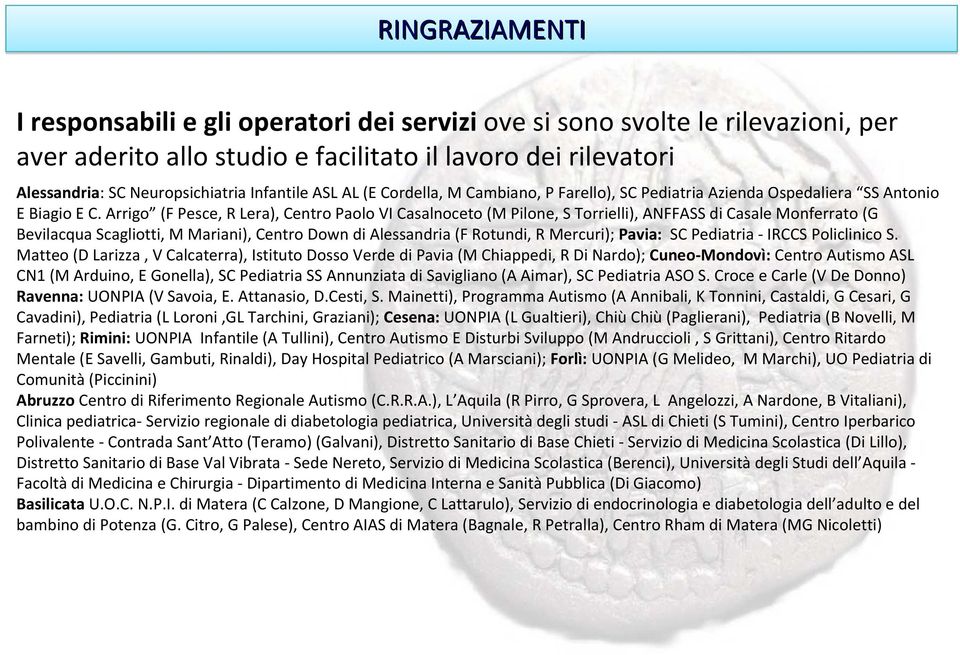 Arrigo (F Pesce, R Lera), Centro Paolo VI Casalnoceto (M Pilone, S Torrielli), ANFFASS di Casale Monferrato (G Bevilacqua Scagliotti, M Mariani), Centro Down di Alessandria (F Rotundi, R Mercuri);