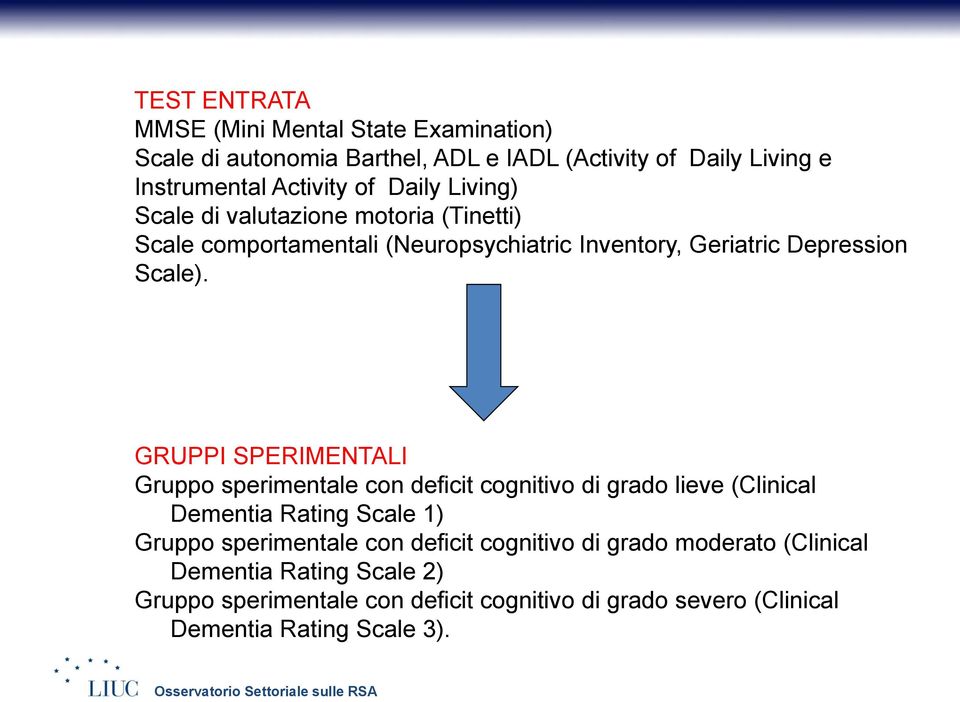 GRUPPI SPERIMENTALI Gruppo sperimentale con deficit cognitivo di grado lieve (Clinical Dementia Rating Scale 1) Gruppo sperimentale con deficit