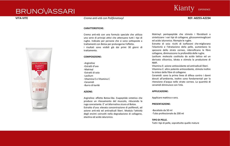 -Argireline -Estratti d'uva -Matrixyl -Estratti di soia -Lasilium -Vitamina E e Vitamina C -Ceramidi -Burro di karitè Argireline: effetto Botox-like.