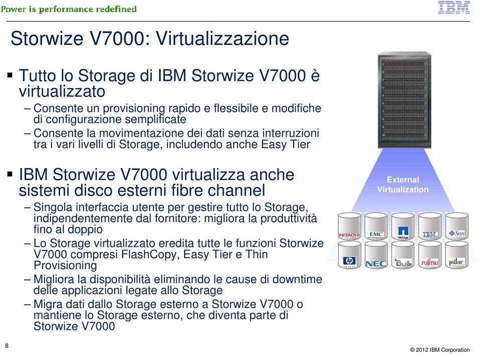 utente per gestire tutto lo Storage, indipendentemente dal fornitore: migliora la produttività fino al doppio Lo Storage virtualizzato eredita tutte le funzioni Storwize V7000 compresi FlashCopy,