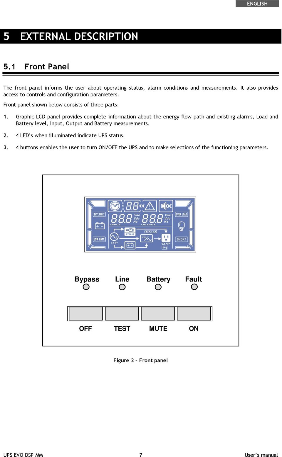 Graphic LCD panel provides complete information about the energy flow path and existing alarms, Load and Battery level, Input, Output and Battery measurements. 2.