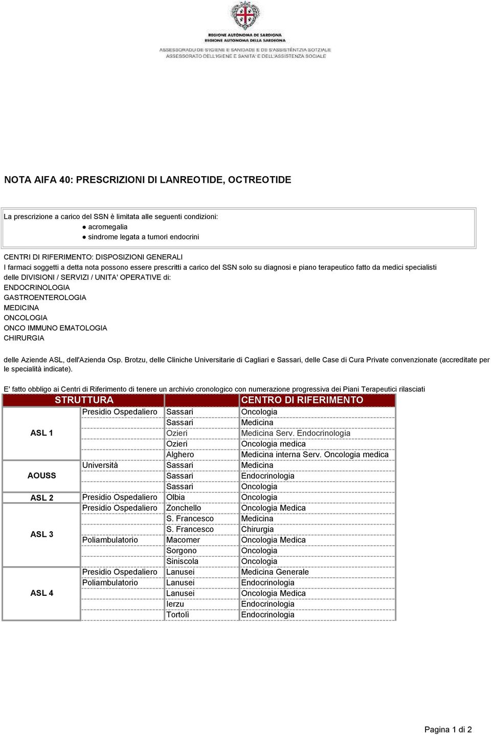 OPERATIVE di: ENDOCRINOLOGIA GASTROENTEROLOGIA MEDICINA ONCOLOGIA ONCO IMMUNO EMATOLOGIA CHIRURGIA delle Aziende ASL, dell'azienda Osp.