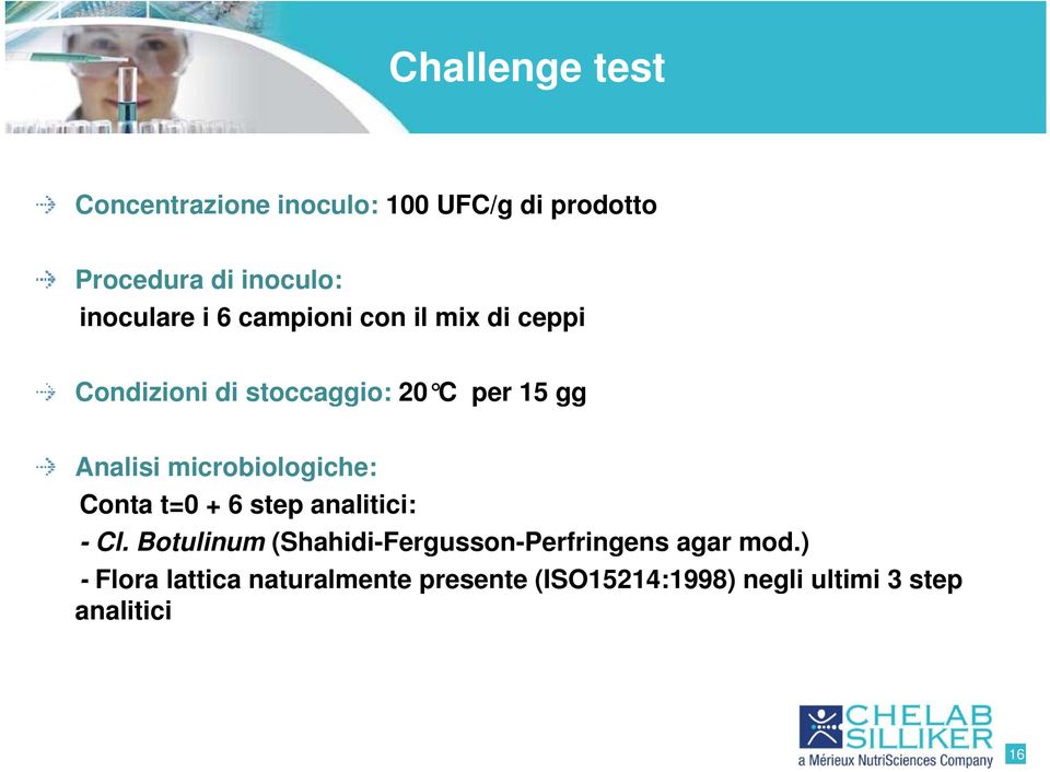 microbiologiche: Conta t=0 + 6 step analitici: - Cl.