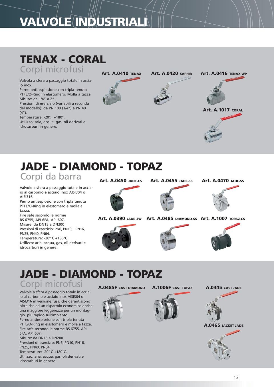 Art. A.0410 TENAX Art. A.0420 SAPHIR Art. A.0416 TENAX-WP Art. A.1017 CORAL JADE - DIAMOND - TOPAZ Corpi da barra Valvole a sfera a passaggio totale in acciaio al carbonio e acciaio inox AISI304 o AISI316.