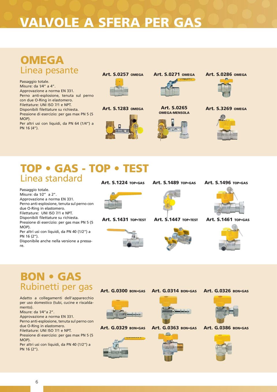 S.0271 OMEGA Art. S.0286 OMEGA Art. S.1283 OMEGA Art. S.0265 OMEGA-MENSOLA Art. S.3269 OMEGA TOP GAS - TOP TEST Linea standard Art. S.1224 TOP GAS Art. S.1489 TOP GAS Art. S.1496 TOP GAS Passaggio totale.