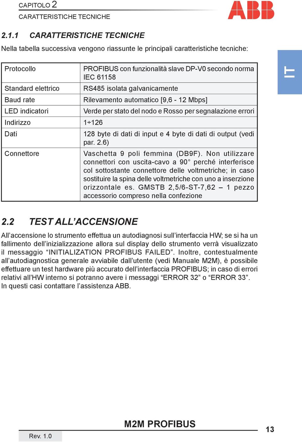 slave DP-V0 secondo norma IEC 61158 RS485 isolata galvanicamente Rilevamento automatico [9,6-12 Mbps] Verde per stato del nodo e Rosso per segnalazione errori 128 byte di dati di input e 4 byte di