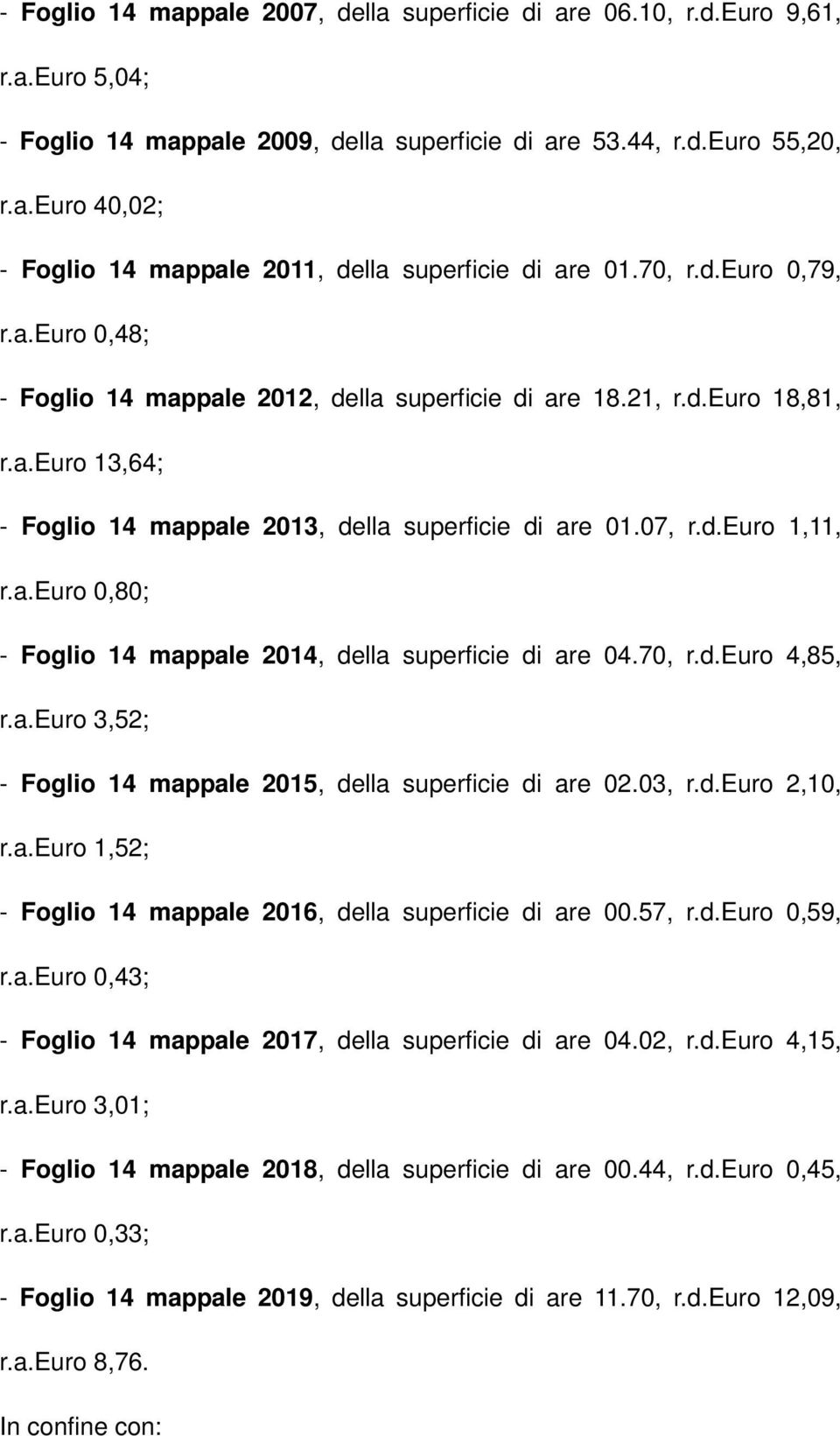 70, r.d.euro 4,85, r.a.euro 3,52; - Foglio 14 mappale 2015, della superficie di are 02.03, r.d.euro 2,10, r.a.euro 1,52; - Foglio 14 mappale 2016, della superficie di are 00.57, r.d.euro 0,59, r.a.euro 0,43; - Foglio 14 mappale 2017, della superficie di are 04.