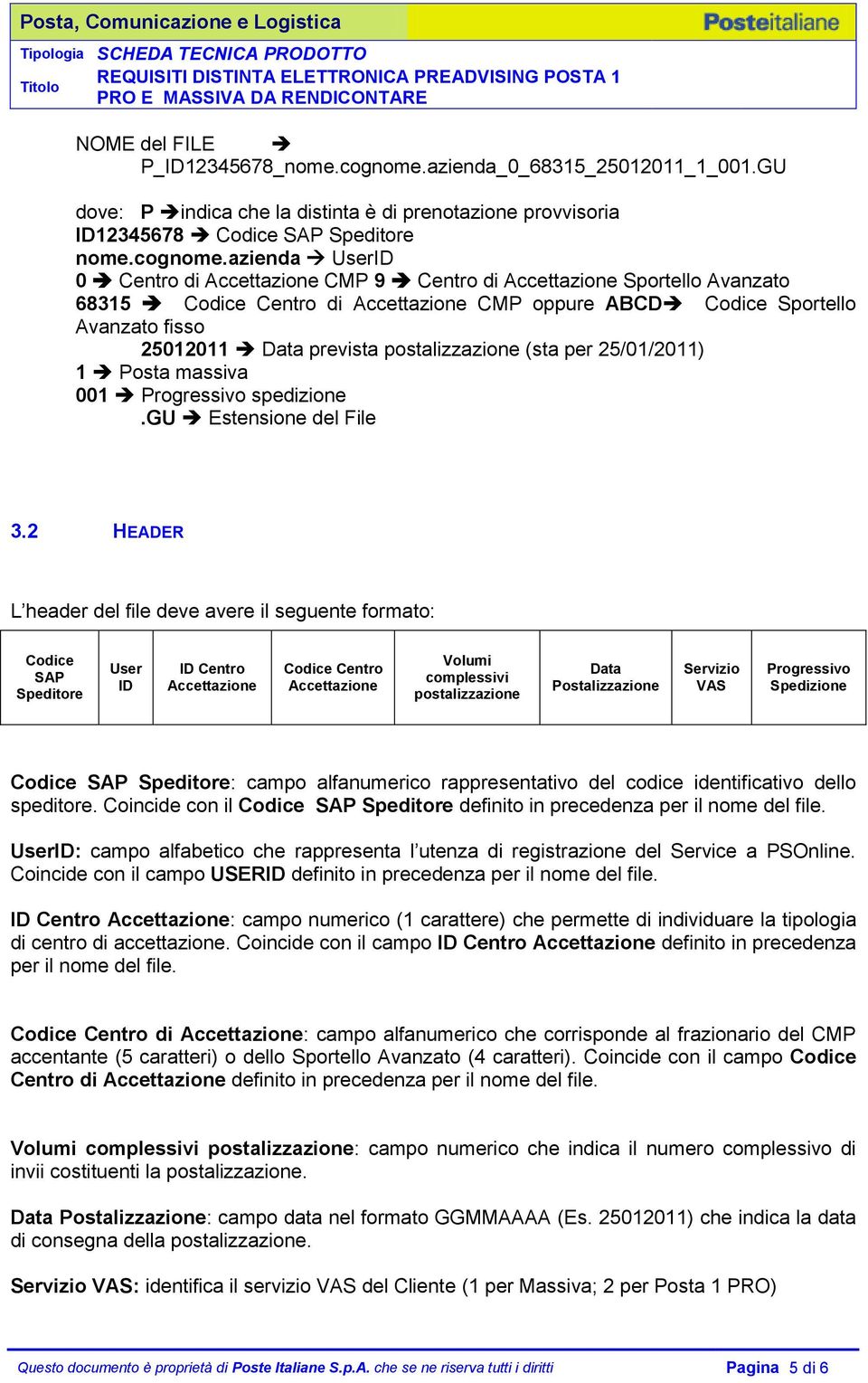 azienda UserID 0 Centro di CMP 9 Centro di Sportello Avanzato 68315 Codice Centro di CMP oppure ABCD Codice Sportello Avanzato fisso 25012011 Data prevista postalizzazione (sta per 25/01/2011) 1