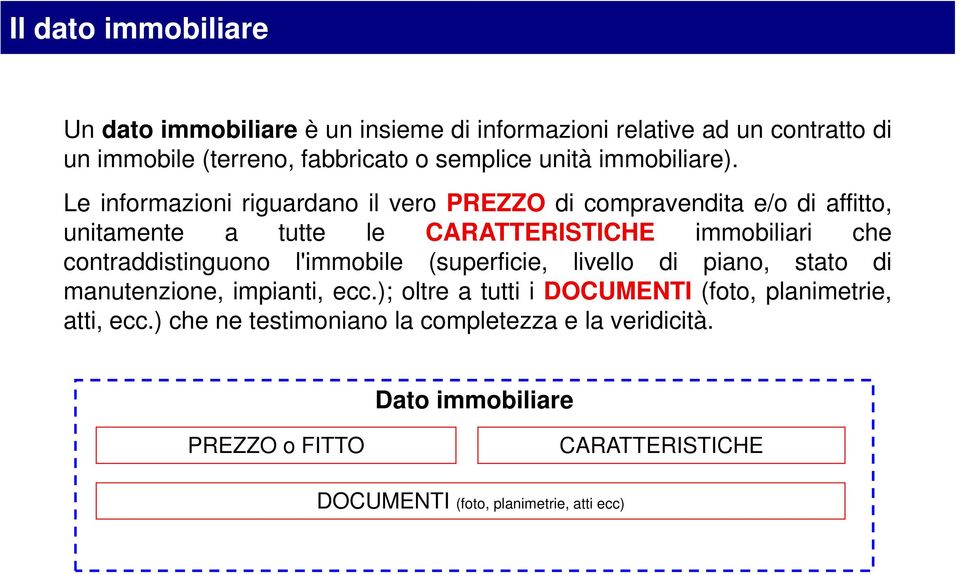 Le informazioni riguardano il vero PREZZO di compravendita e/o di affitto, unitamente a tutte le CARATTERISTICHE immobiliari che