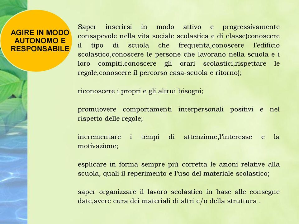 propri e gli altrui bisogni; promuovere comportamenti interpersonali positivi e nel rispetto delle regole; incrementare i tempi di attenzione,l interesse e la motivazione; esplicare in forma sempre