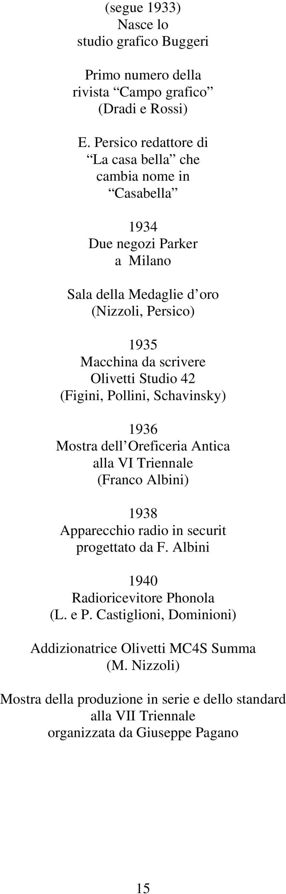 scrivere Olivetti Studio 42 (Figini, Pollini, Schavinsky) 1936 Mostra dell Oreficeria Antica alla VI Triennale (Franco Albini) 1938 Apparecchio radio in securit