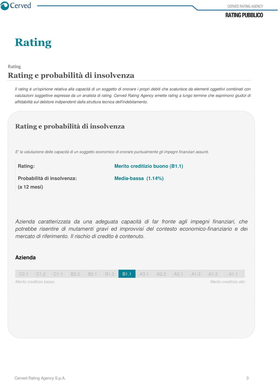 E' la valutazione delle capacità di un soggetto economico di onorare puntualmente gli impegni finanziari assunti. Rating: Probabilità di insolvenza: (a 12 mesi) Merito creditizio buono (B1.