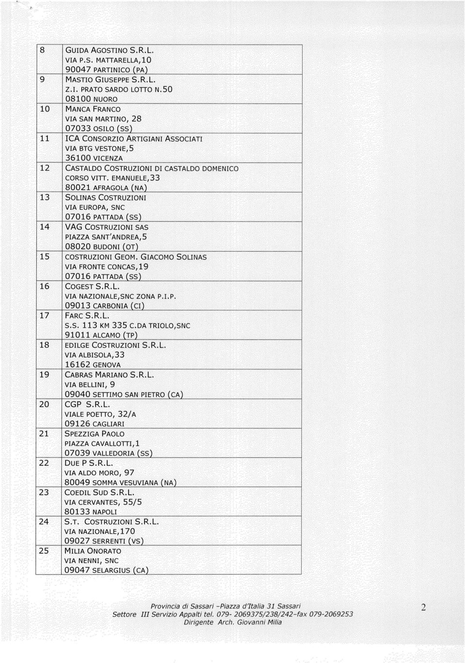 CORSO VITT. EMANUELE,33 AFRAGoLAjj 13 S0LINAS COSTRUZIONI VIA EUROPA, SNC 07016 PATTADA( 14 VAG COSTRUZIONI SAS PIAZZA SANT AN DREA, 5 15 COSTRUZIONI GEOM.